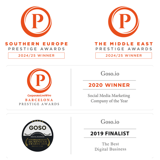 Prestige Awards badges: Southern Europe 2024/25, Middle East 2024/25, Barcelona 2020, and 2019 Finalist