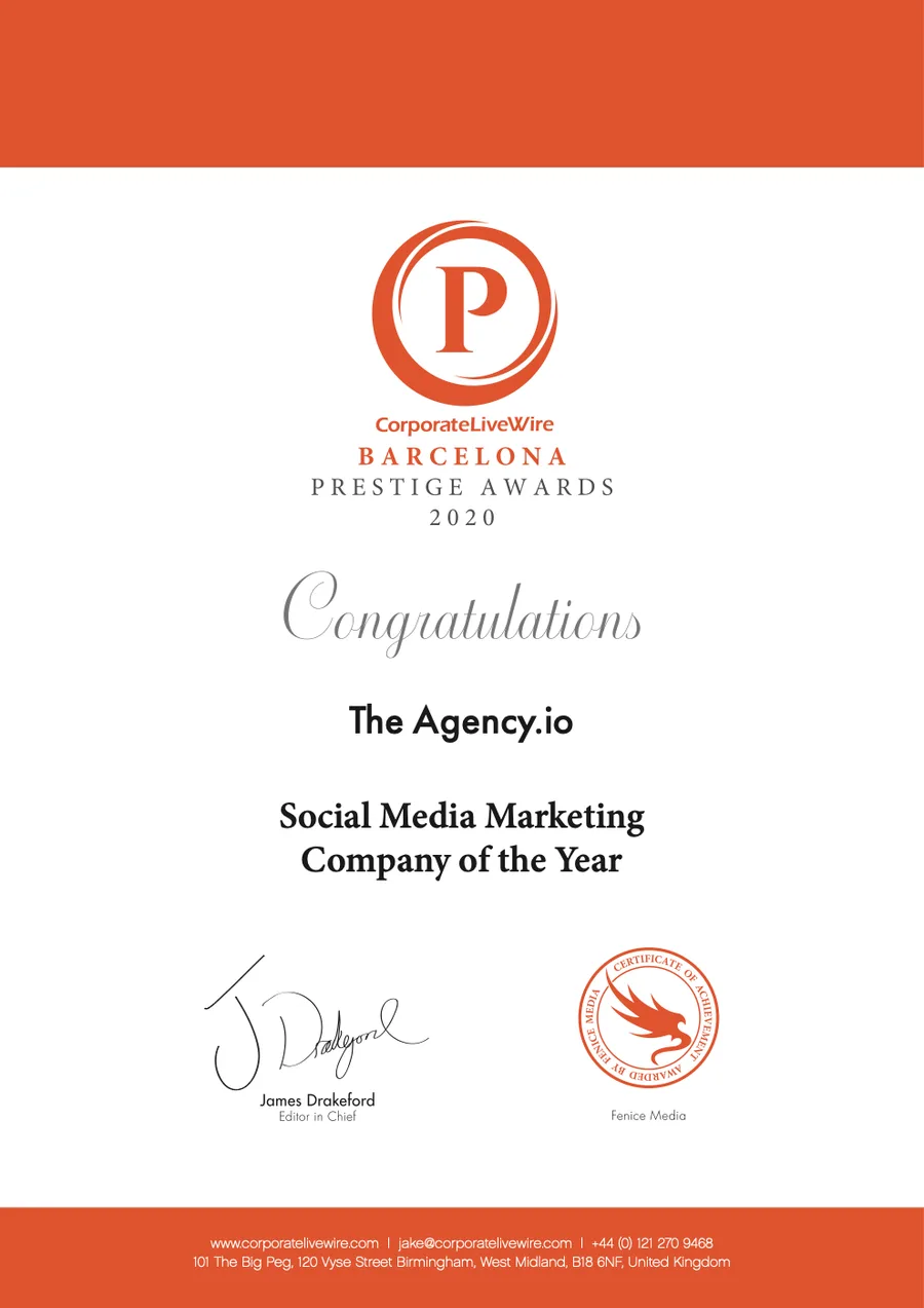 Certificate: Barcelona Prestige Awards 2020, congratulations The Agency.io, Social Media Marketing Company of the Year