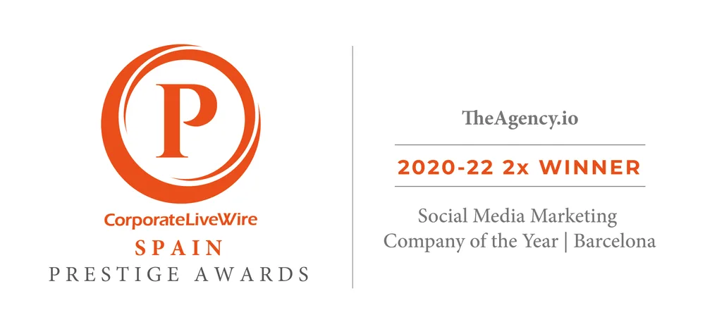 Corporate LiveWire Spain Prestige Awards badge: TheAgency.io, 2020-22 2x winner, Social Media Marketing Company of the Year, Barcelona