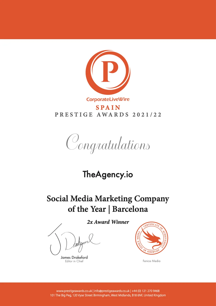 Certificate: Spain Prestige Awards 2021/22, congratulations TheAgency.io, Social Media Marketing Company of the Year, Barcelona, 2x Award Winner