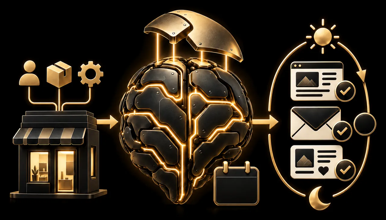 A shop's customers, orders and way of working flow along a gold path into a large brain whose last plates are being fitted, marked Month 1, and finished marketing work comes out, a web page, an email and a social post, each ticked, in a loop from sun to moon, marked 24/7.