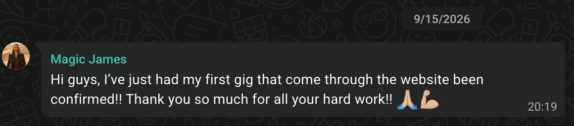 James Fabulous's WhatsApp message of 15 September 2026, confirming his first gig booked through the website